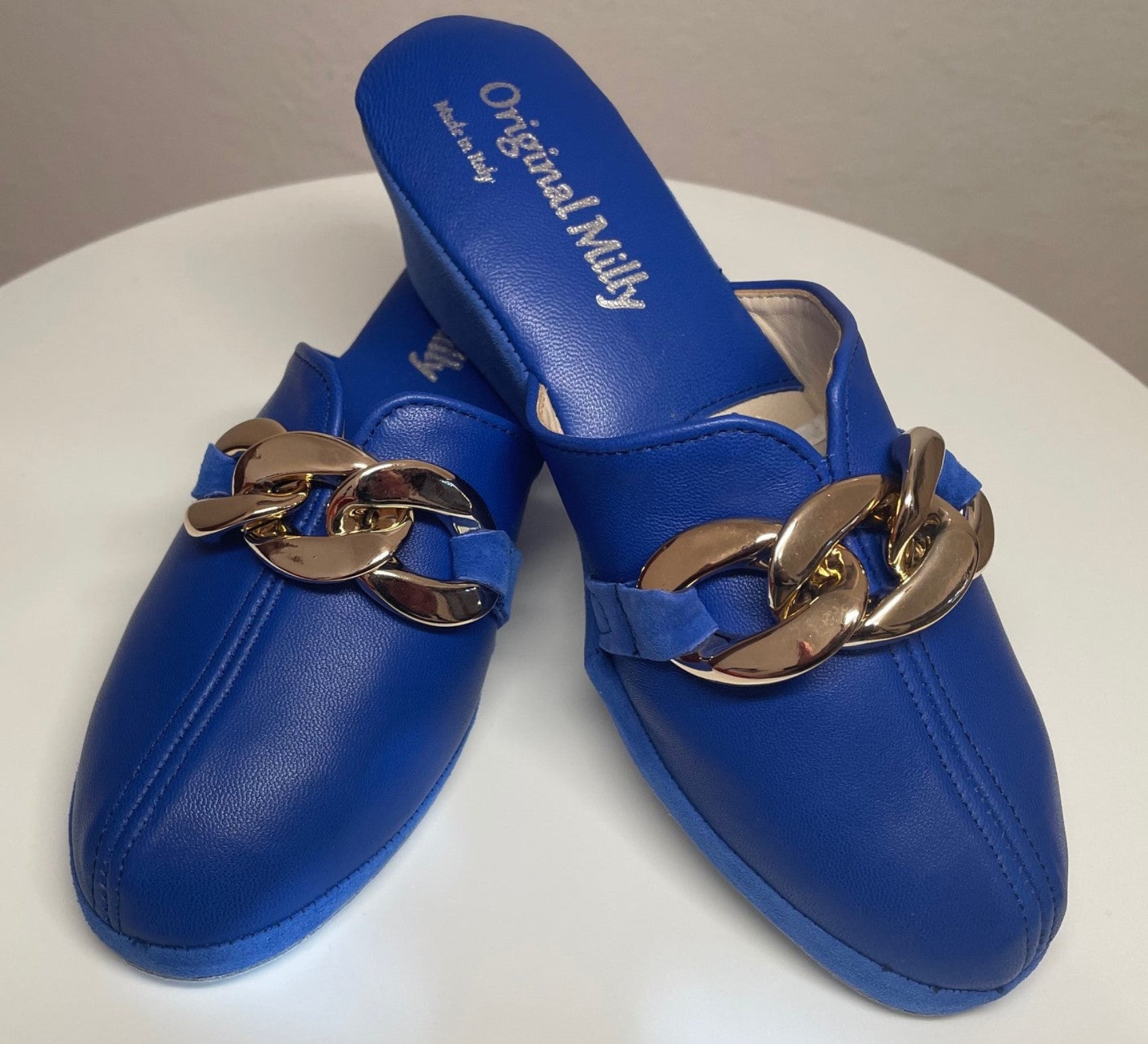 1001 Nappa e Camoscio Blu con catena in Oro suola Bufalo Ciabatte da camera Donna Original Milly Made in Italy