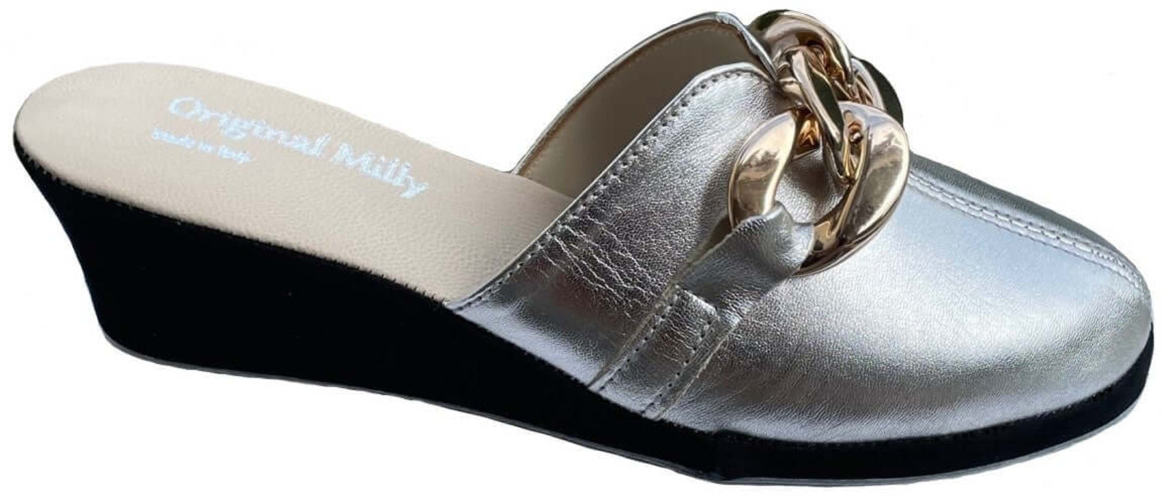 1001 Nappa e Camoscio Nero Argento  con Catena in Oro Suola Bufalo Ciabatte da camera Donna Original Milly Made in Italy