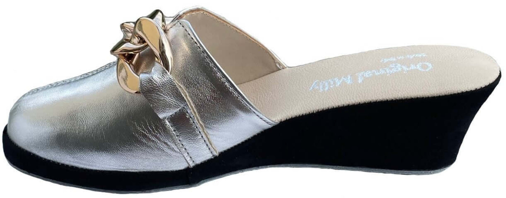 1001 Nappa e Camoscio Nero Argento  con Catena in Oro Suola Bufalo Ciabatte da camera Donna Original Milly Made in Italy