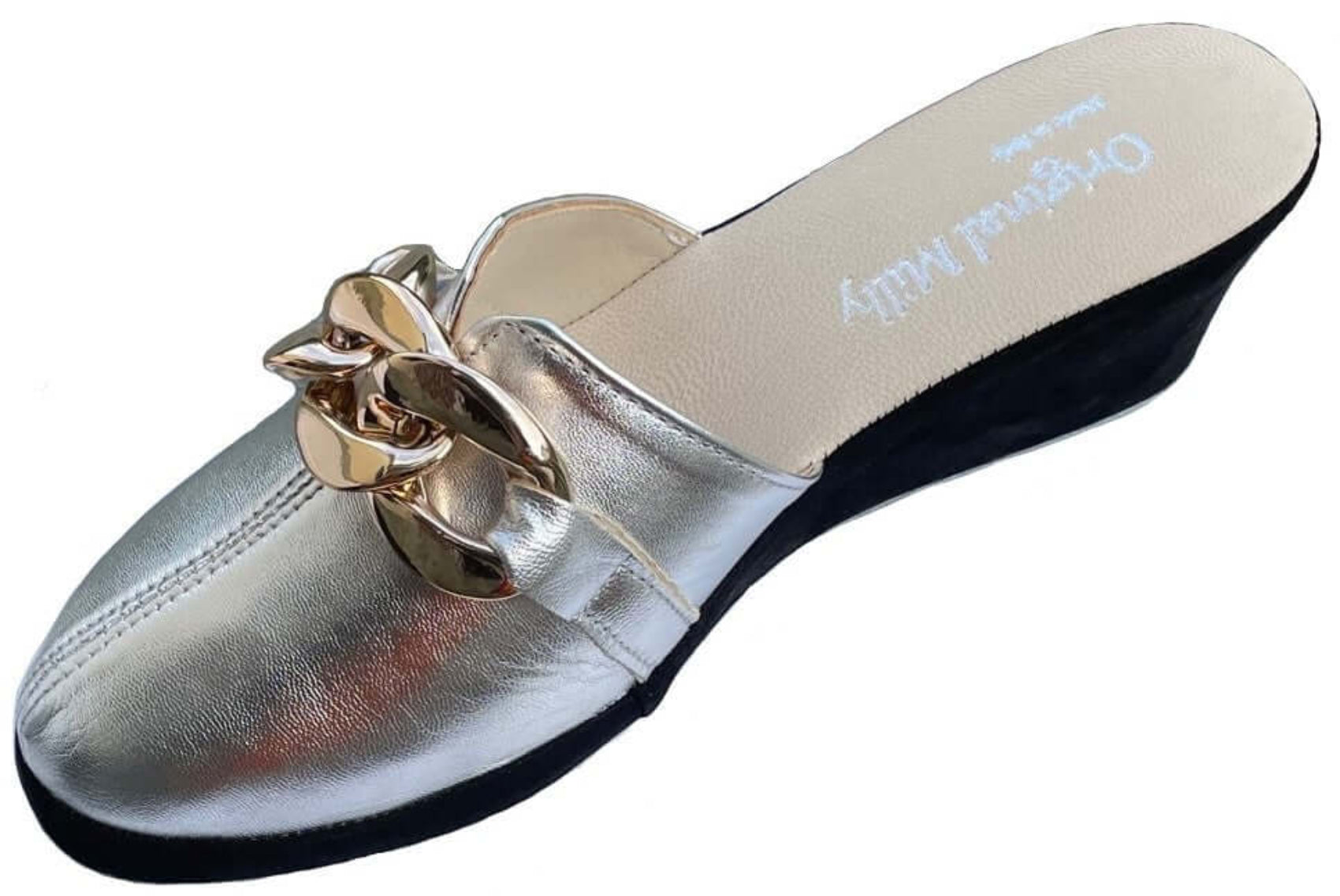 1001 Nappa e Camoscio Nero Argento  con Catena in Oro Suola Bufalo Ciabatte da camera Donna Original Milly Made in Italy