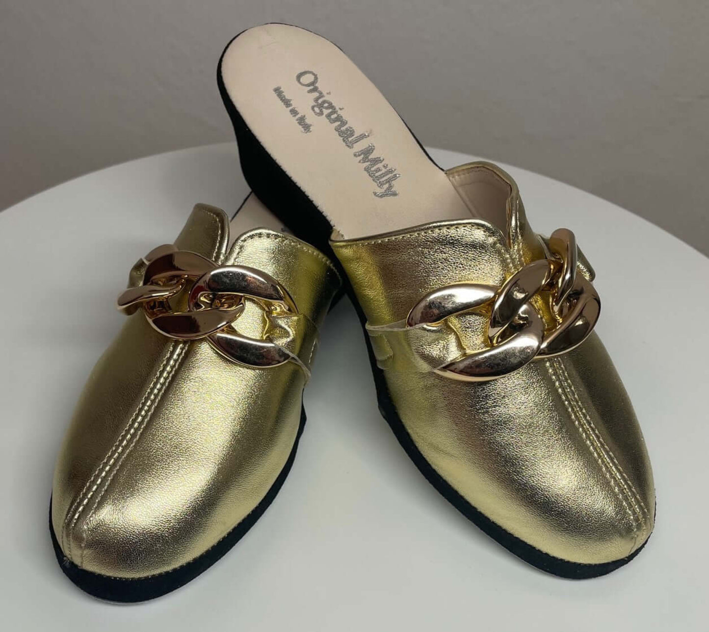 1001 Nappa e Camoscio Nero Oro con Catena in Oro Suola Bufalo Ciabatte da camera Donna Original Milly Made in Italy