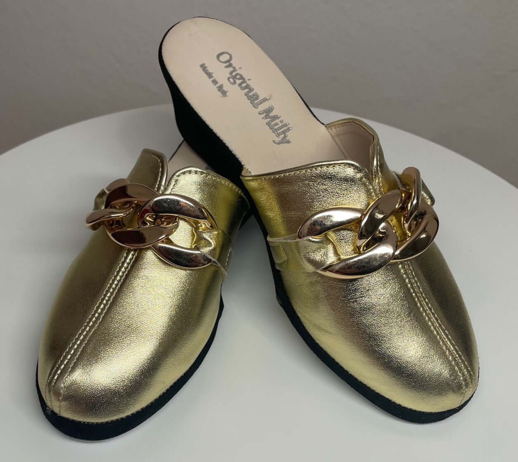 1001 Nappa e Camoscio Nero Oro con Catena in Oro Suola Bufalo Ciabatte da camera Donna Original Milly Made in Italy