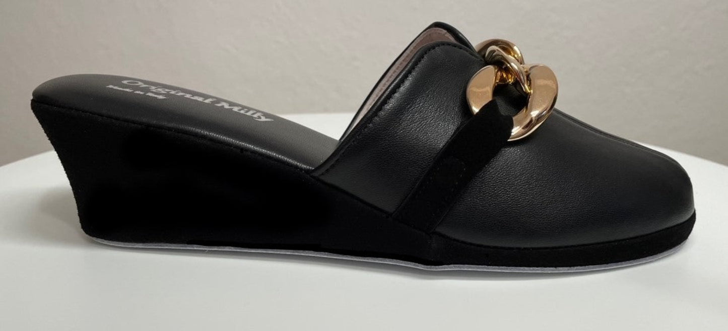 1001 Nappa e Camoscio Nero con catena in Oro suola Bufalo Ciabatte da camera Donna Original Milly Made in Italy