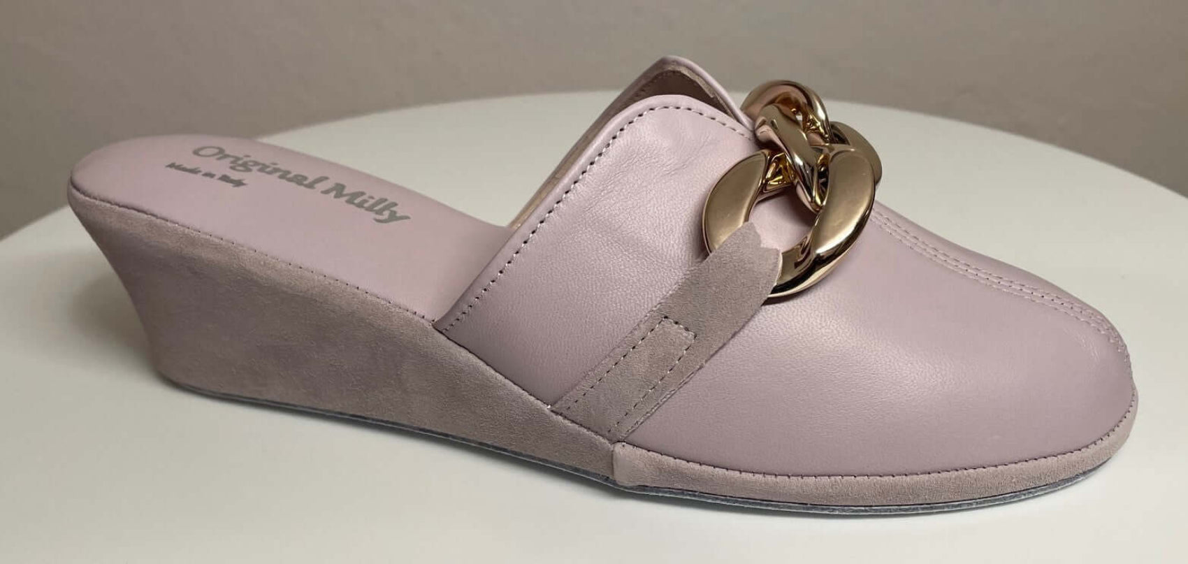 1001 Nappa e Camoscio Peonia con catena in Oro suola Bufalo Ciabatte da camera Donna Original Milly Made in Italy - Foto N 2