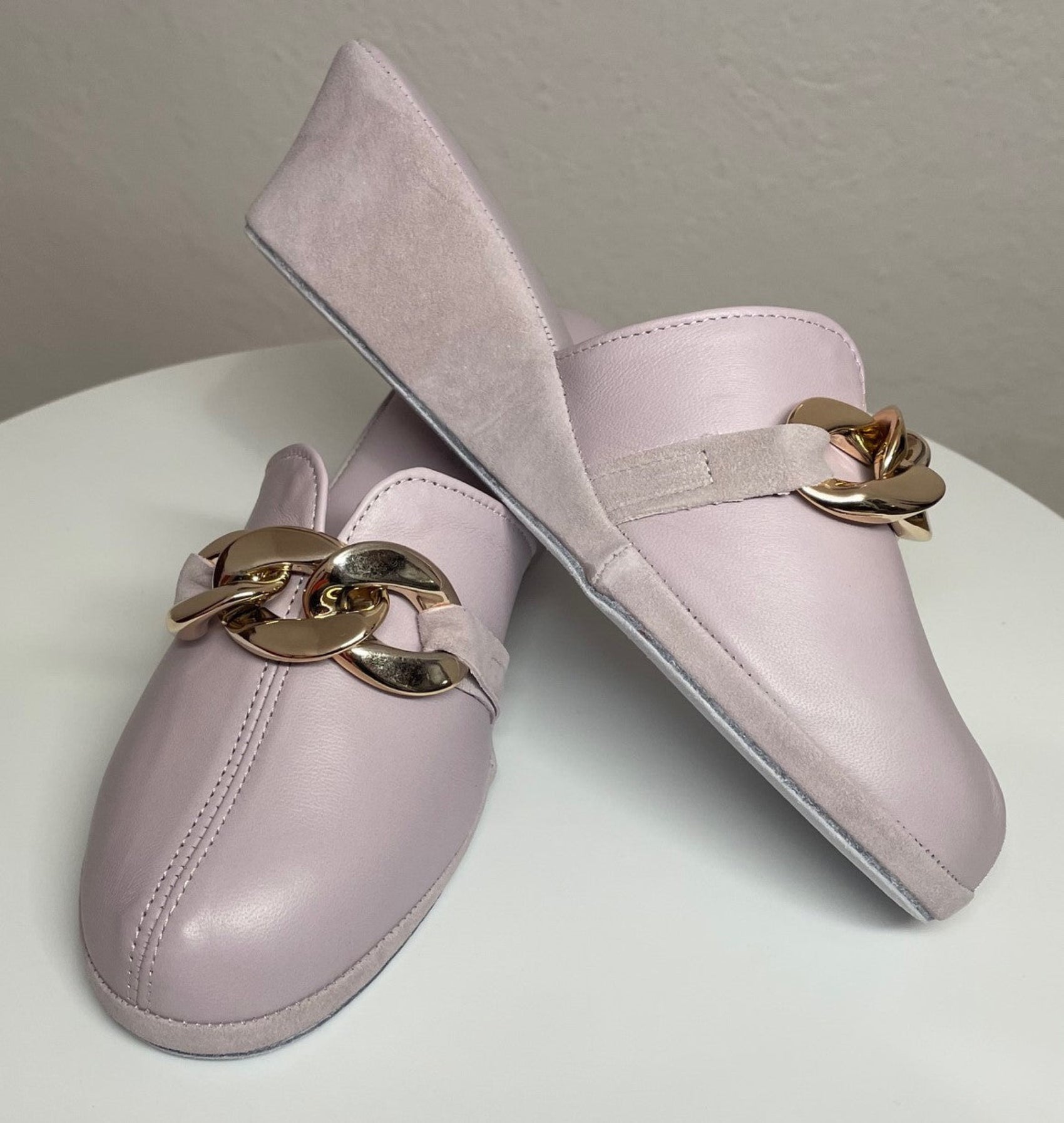 1001 Nappa e Camoscio Peonia con catena in Oro suola Bufalo Ciabatte da camera Donna Original Milly Made in Italy