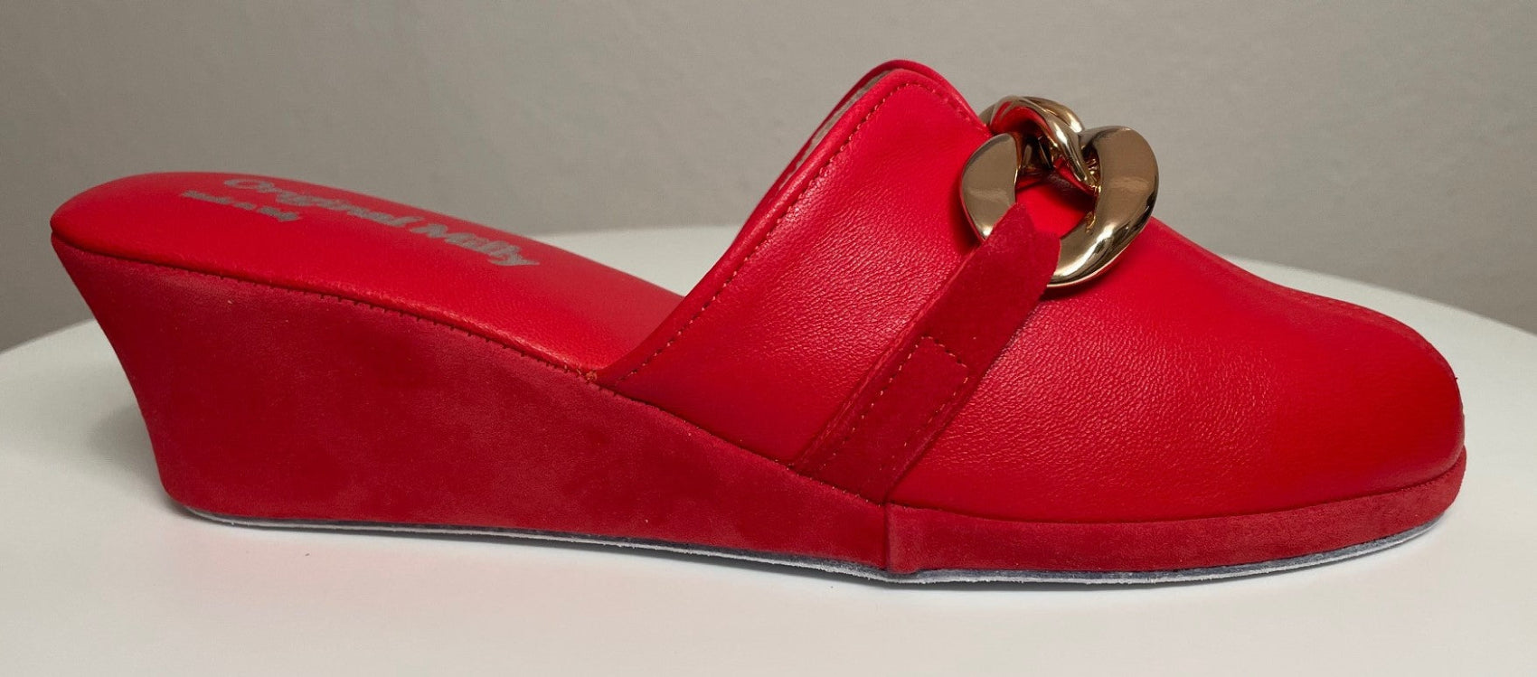 1001 Nappa e Camoscio Rosso con catena in Oro suola Bufalo Ciabatte da camera Donna Original Milly Made in Italy