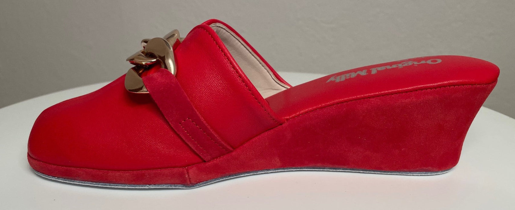 1001 Nappa e Camoscio Rosso con catena in Oro suola Bufalo Ciabatte da camera Donna Original Milly Made in Italy