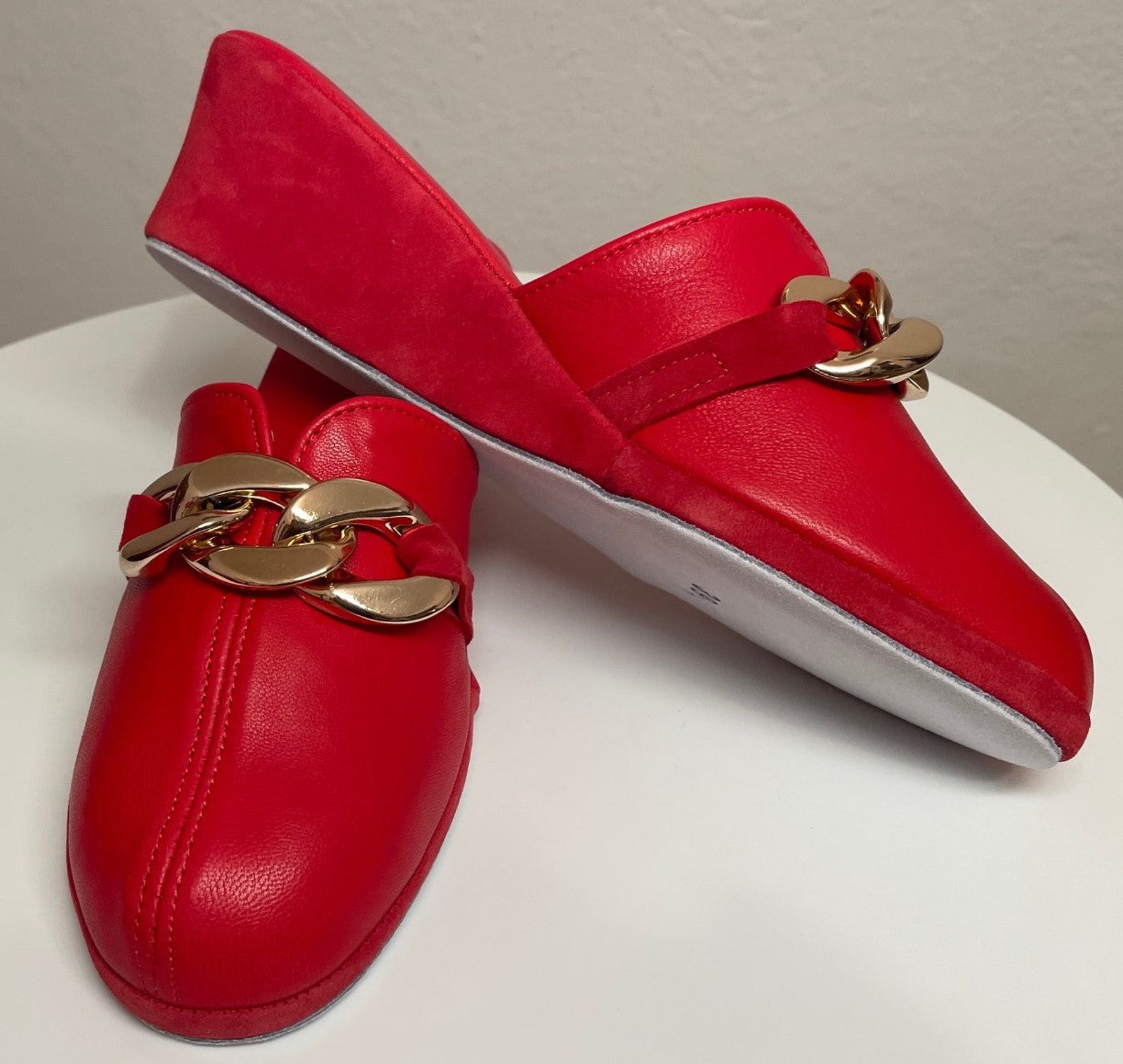 1001 Nappa e Camoscio Rosso con catena in Oro suola Bufalo Ciabatte da camera Donna Original Milly Made in Italy