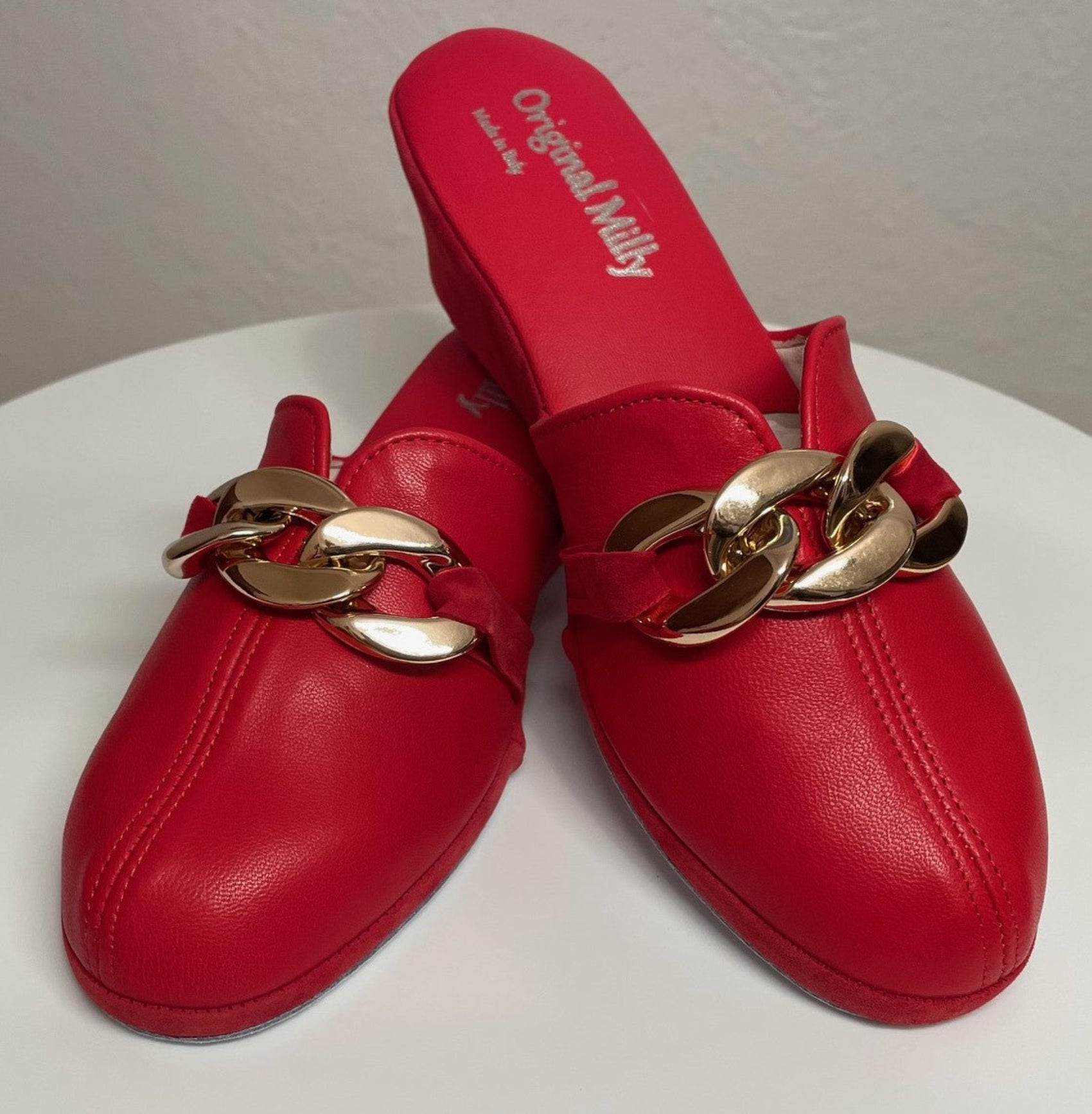 1001 Nappa e Camoscio Rosso con catena in Oro suola Bufalo Ciabatte da camera Donna Original Milly Made in Italy