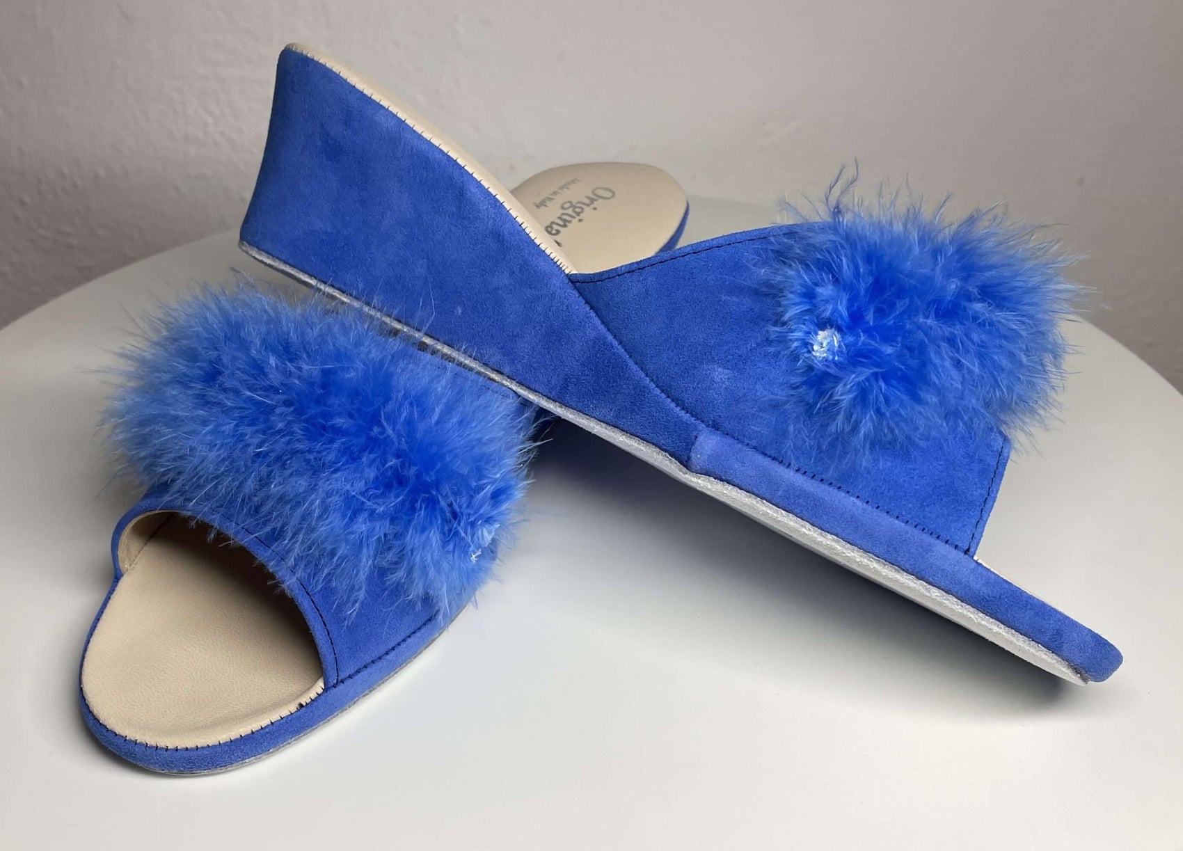 102 Camoscio Blu con Piuma Naturale Suola Bufalo Ciabatte da camera Donna Original Milly Made in Italy