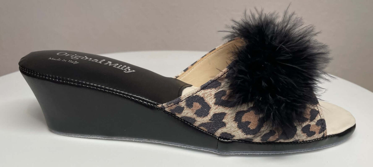 102 Camoscio Leopardo con piuma suola Bufalo Ciabatte da camera Donna Original Milly Made in Italy