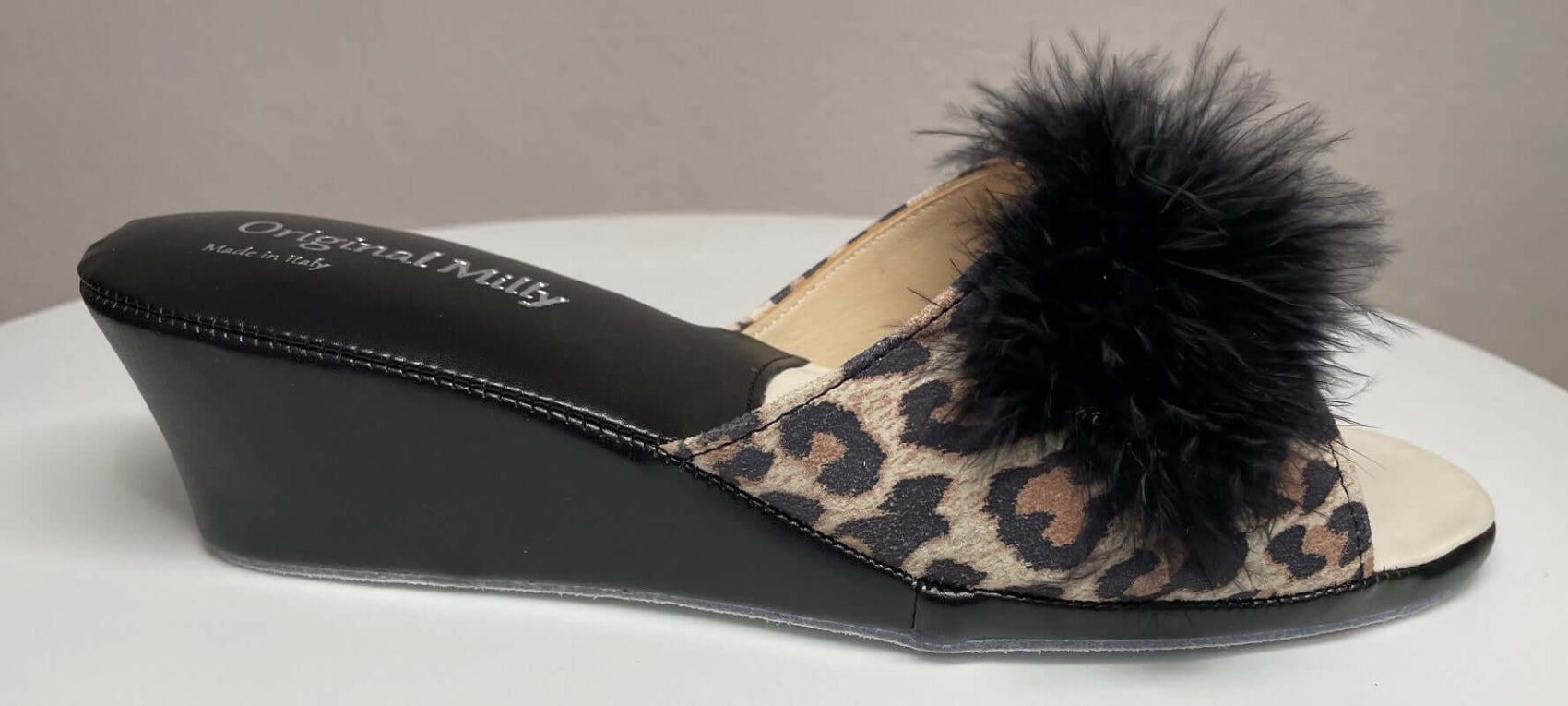 102 Camoscio Leopardo con piuma suola Bufalo Ciabatte da camera Donna Original Milly Made in Italy
