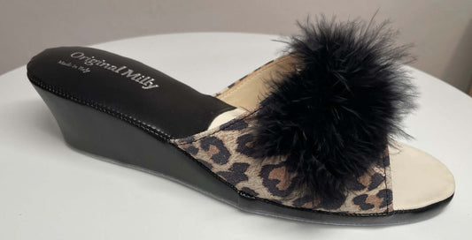 102 Camoscio Leopardo con piuma suola Bufalo Ciabatte da camera Donna Original Milly Made in Italy
