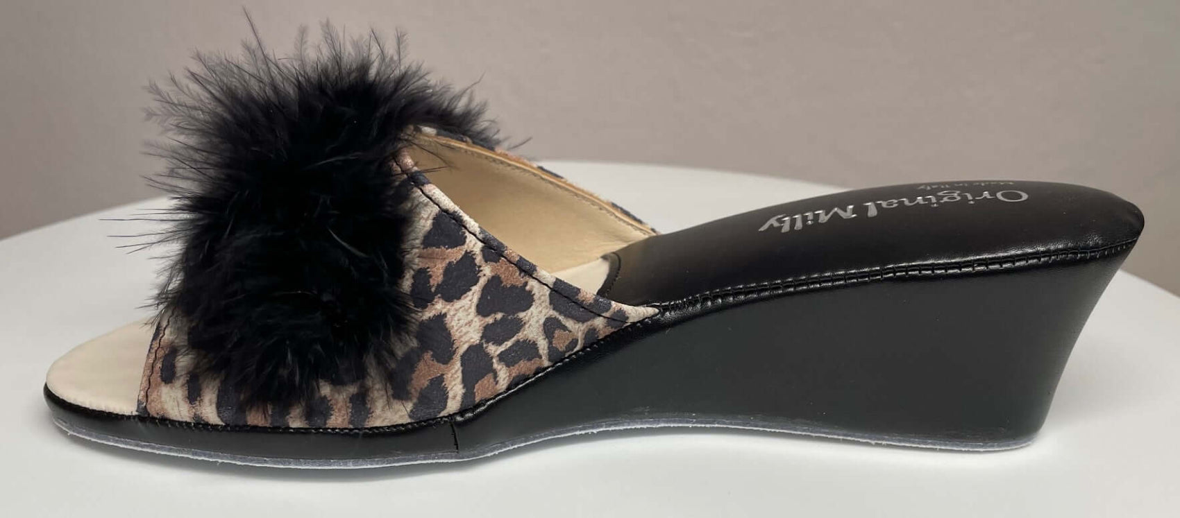 102 Camoscio Leopardo con piuma suola Bufalo Ciabatte da camera Donna Original Milly Made in Italy