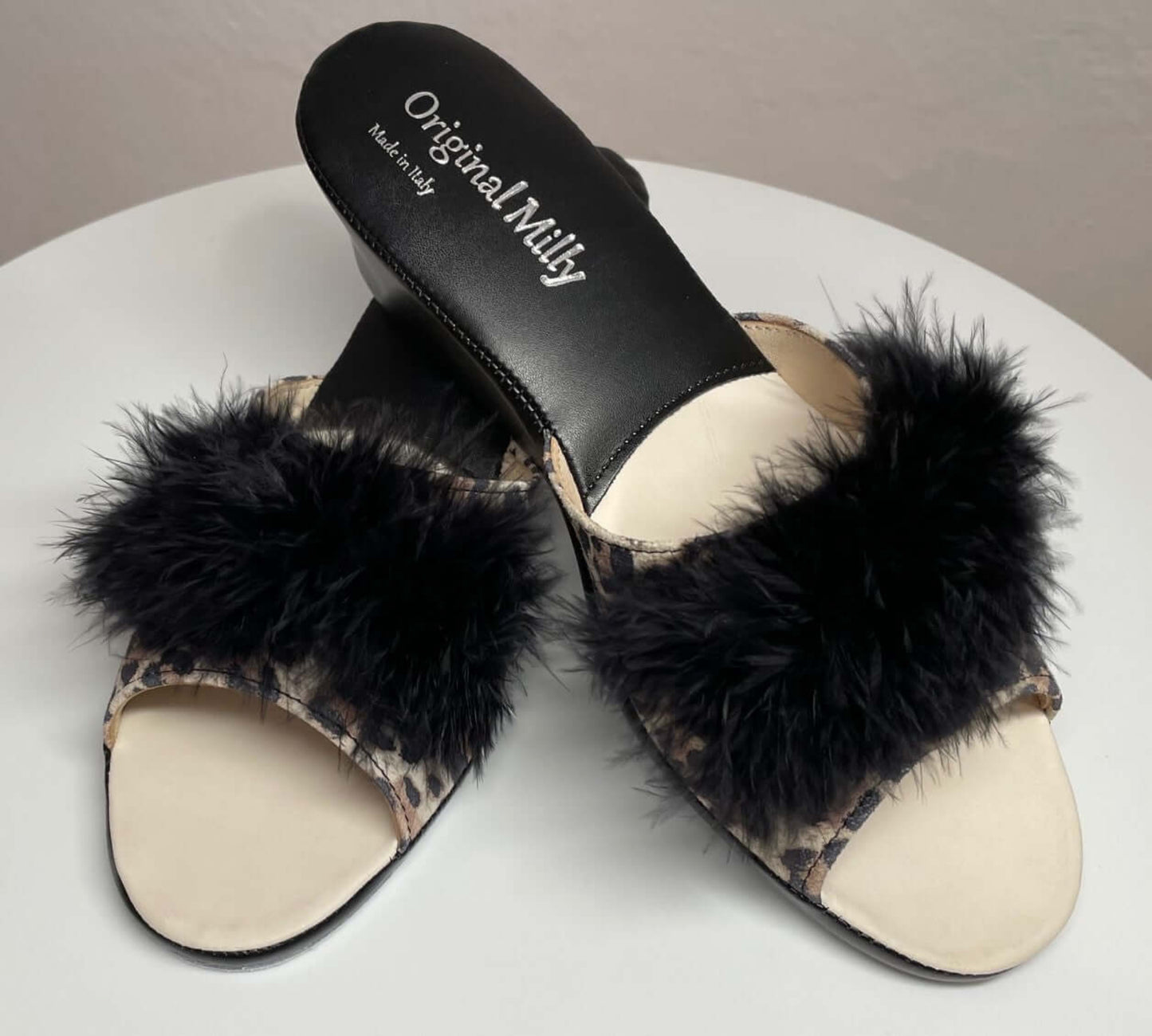 102 Camoscio Leopardo con piuma suola Bufalo Ciabatte da camera Donna Original Milly Made in Italy