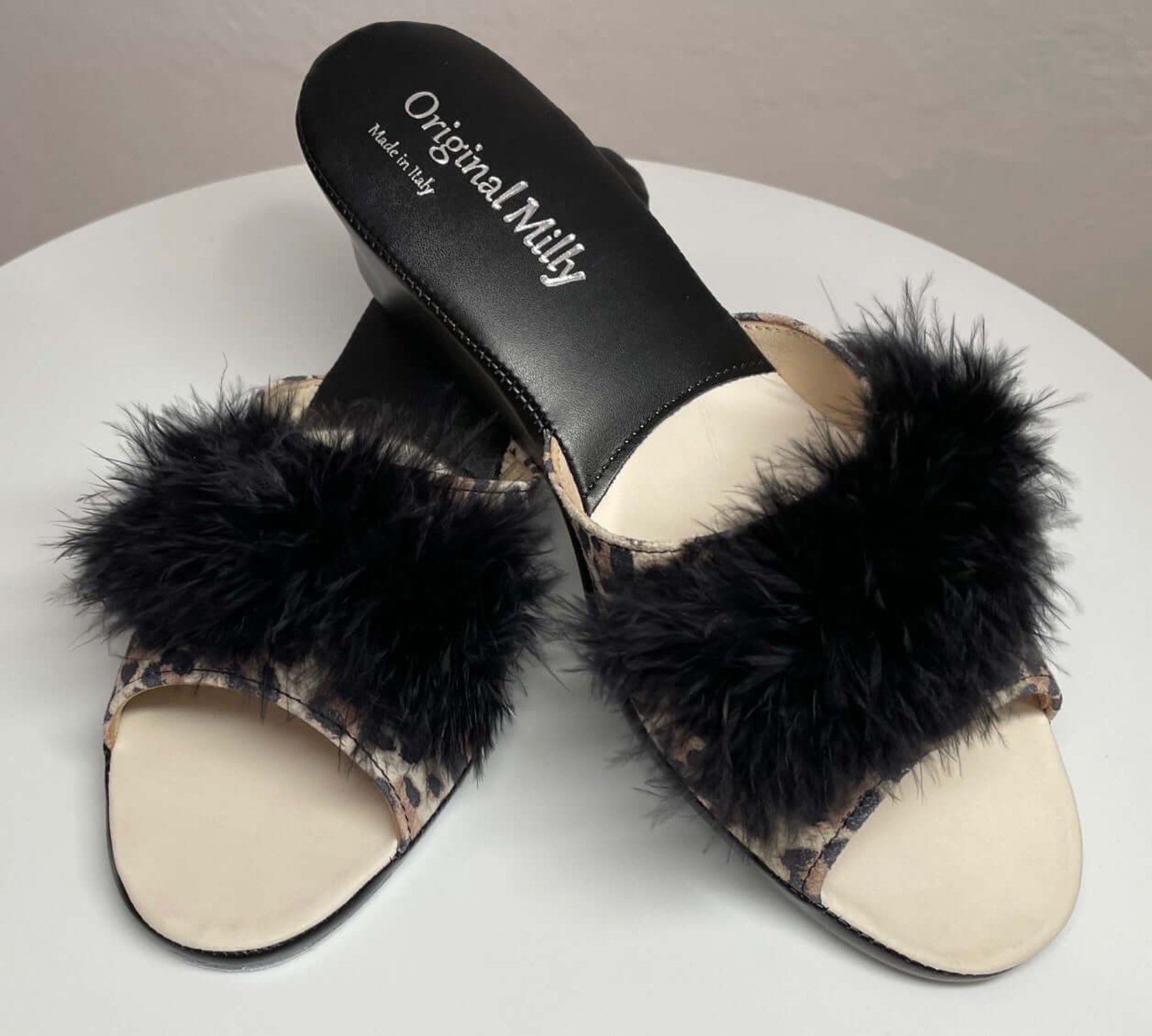 102 Camoscio Leopardo con piuma suola Bufalo Ciabatte da camera Donna Original Milly Made in Italy