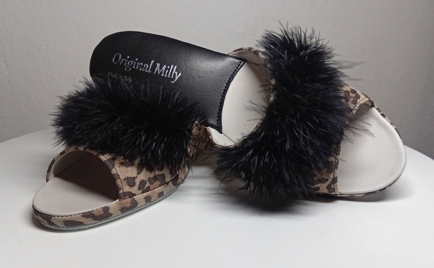 102 Camoscio Leopardo con piuma suola Bufalo Ciabatte da camera Donna Original Milly Made in Italy - Foto N 6