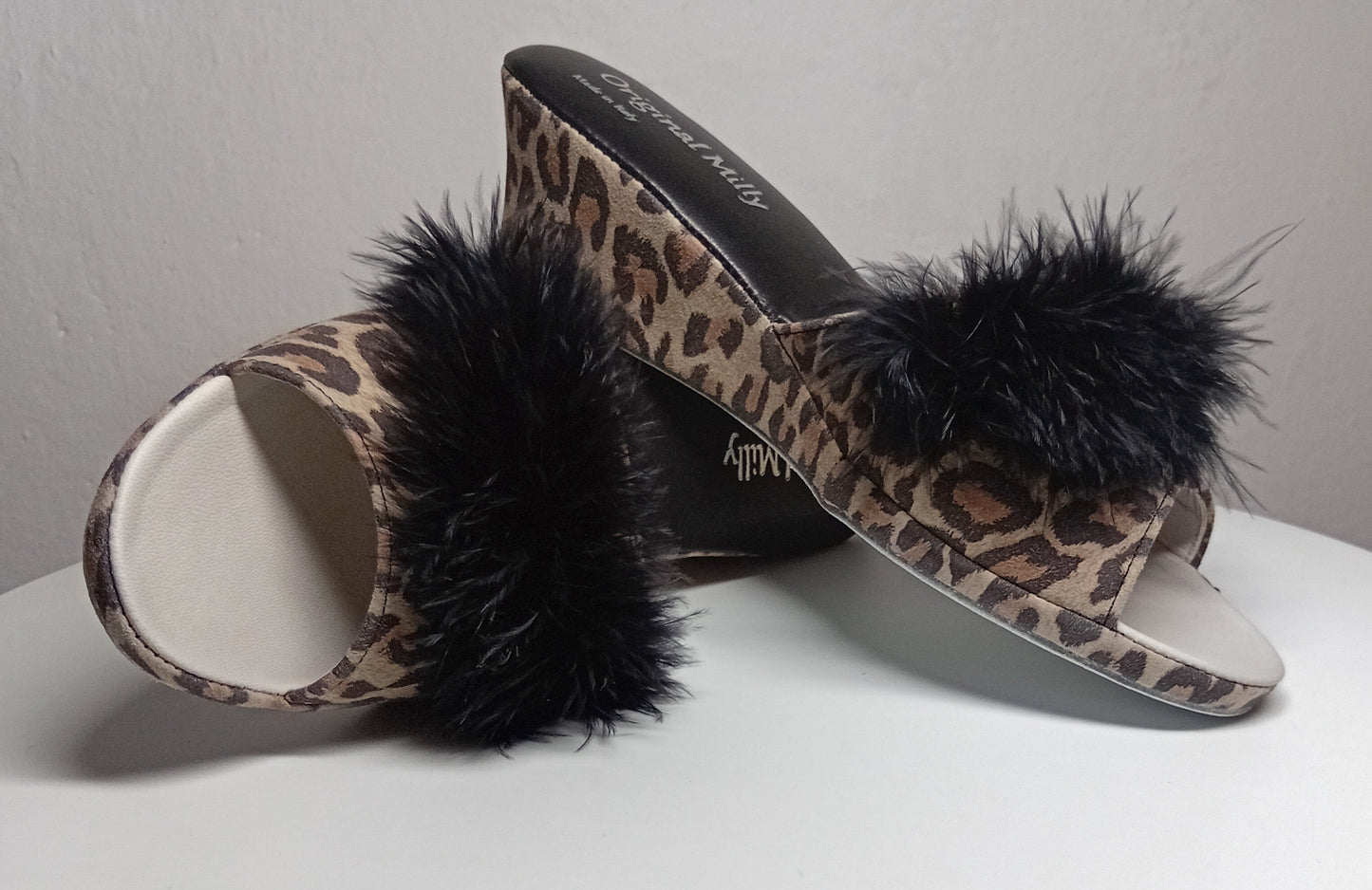 102 Camoscio Leopardo con piuma suola Bufalo Ciabatte da camera Donna Original Milly Made in Italy - Foto N 7