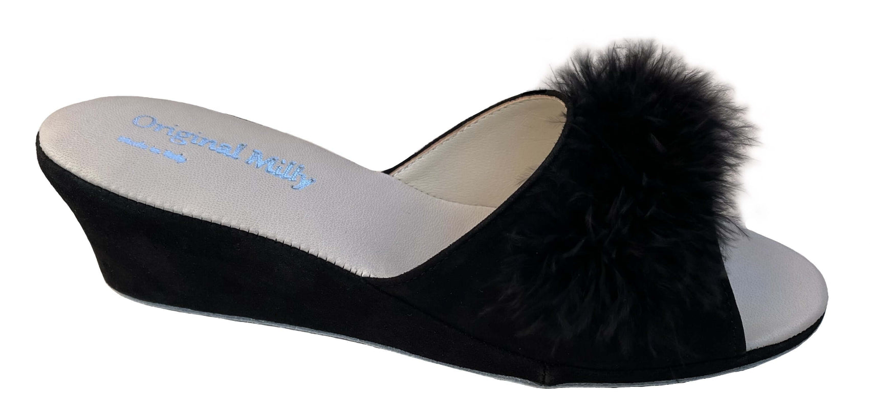 102 Camoscio Nero con piuma suola Bufalo Ciabatte da camera Donna Original Milly Made in Italy