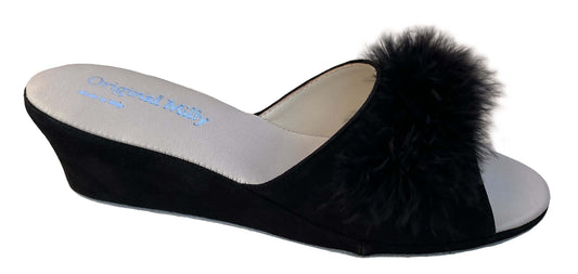 102 Camoscio Nero con piuma suola Bufalo Ciabatte da camera Donna Original Milly Made in Italy