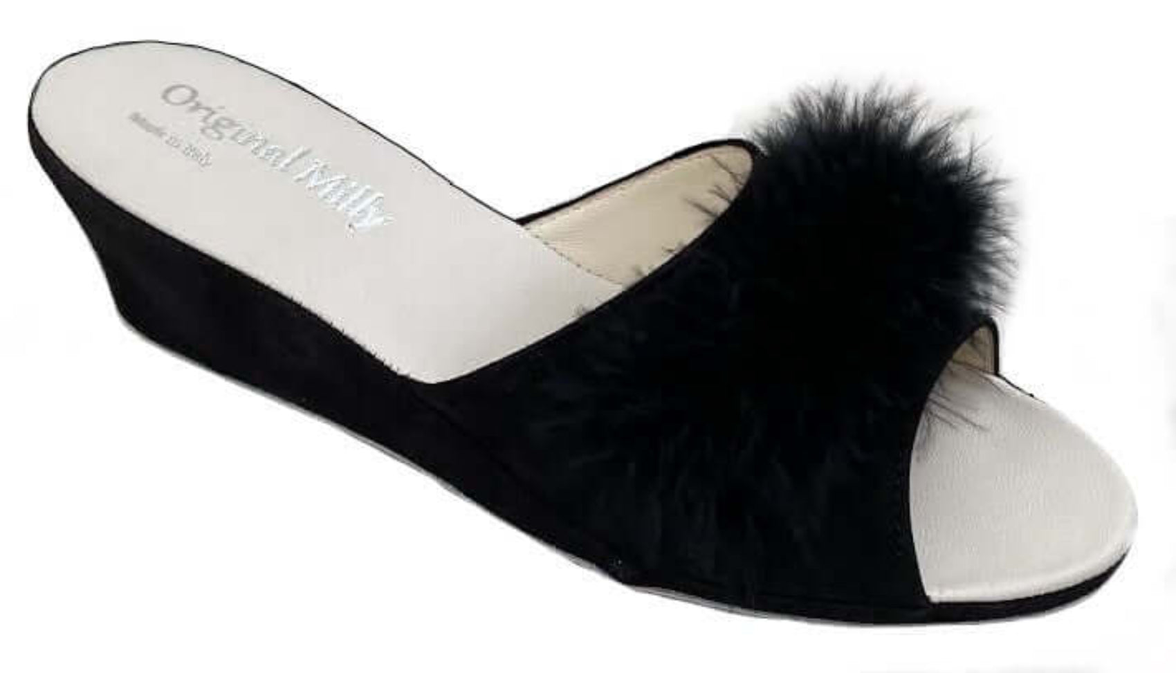 102 Camoscio Nero con piuma suola Bufalo Ciabatte da camera Donna Original Milly Made in Italy