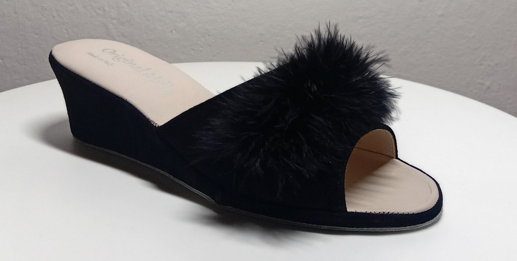 102 Camoscio Nero con piuma suola Bufalo Ciabatte da camera Donna Original Milly Made in Italy - Foto N 2