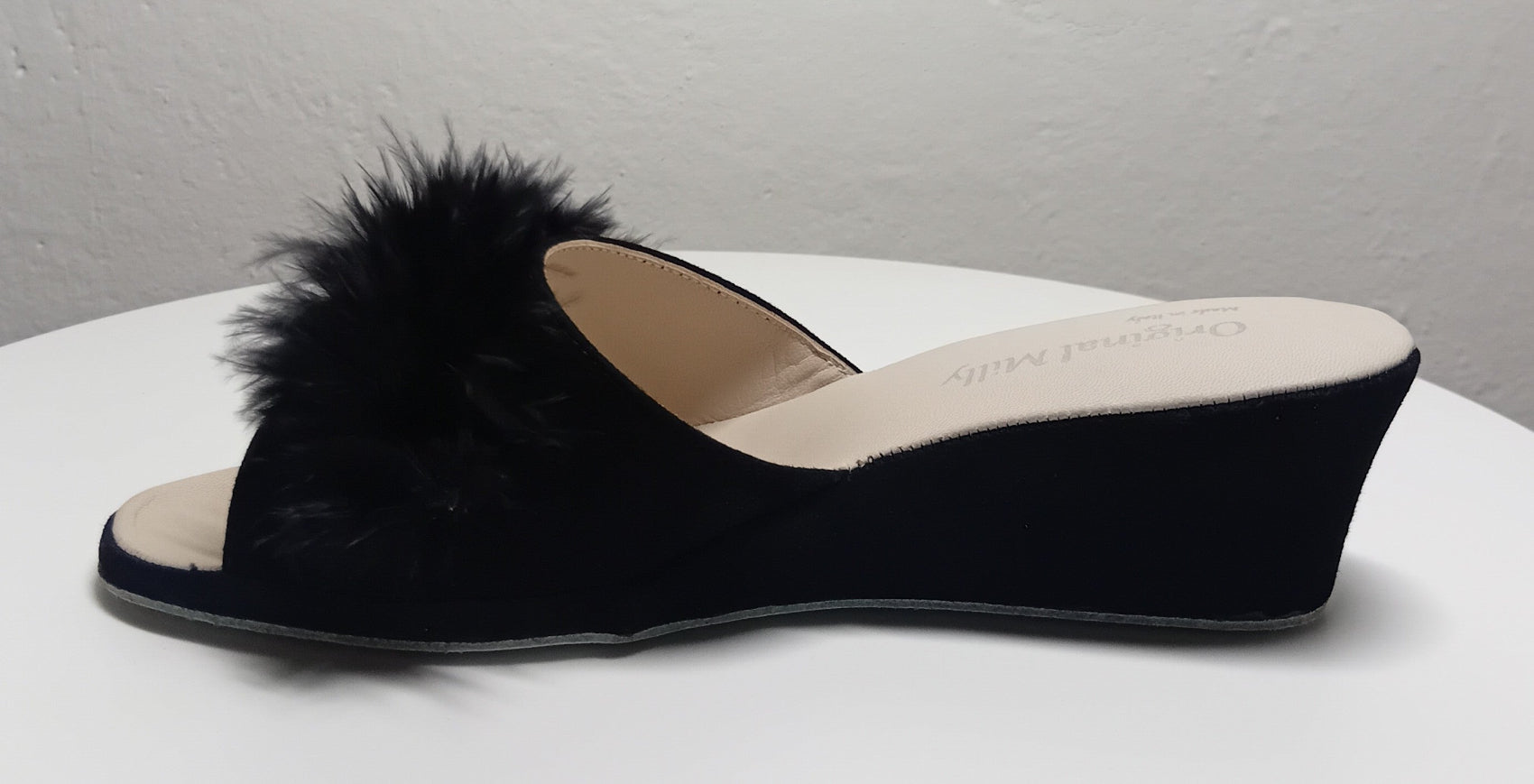 102 Camoscio Nero con piuma suola Bufalo Ciabatte da camera Donna Original Milly Made in Italy - Foto N 3