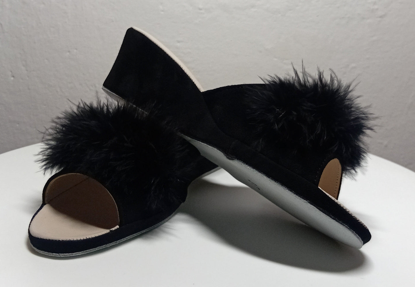 102 Camoscio Nero con piuma suola Bufalo Ciabatte da camera Donna Original Milly Made in Italy - Foto N 5