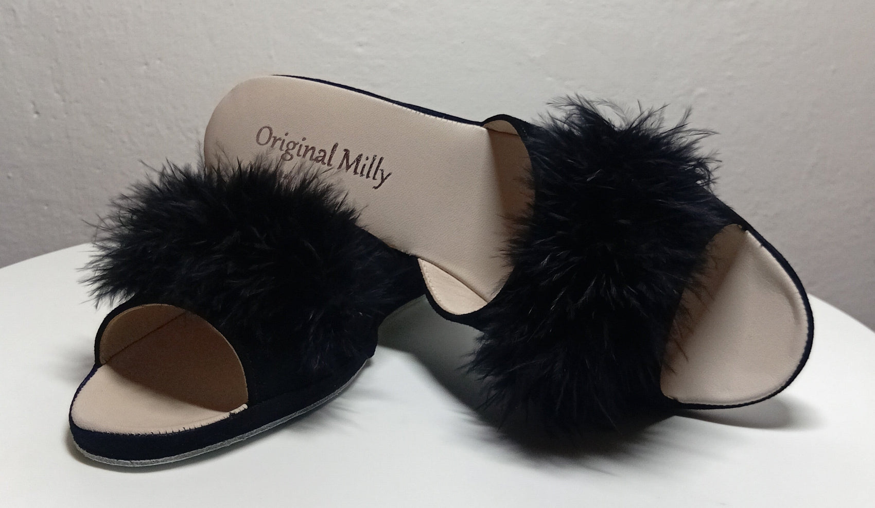 102 Camoscio Nero con piuma suola Bufalo Ciabatte da camera Donna Original Milly Made in Italy - Foto N 6