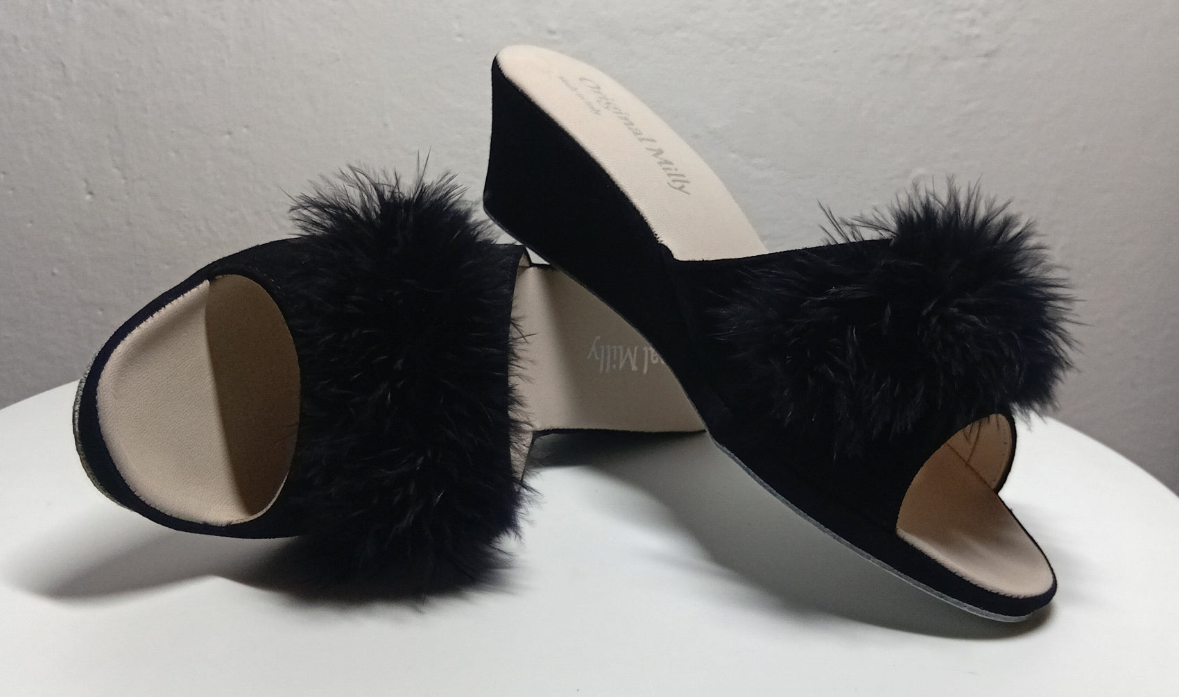 102 Camoscio Nero con piuma suola Bufalo Ciabatte da camera Donna Original Milly Made in Italy - Foto N 7