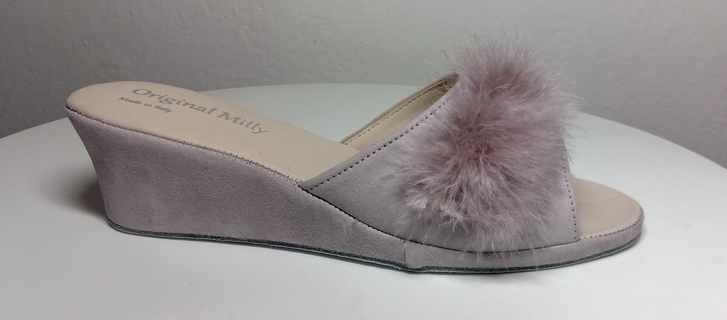 102 Camoscio Peonia  con Piuma Suola Bufalo Ciabatte da camera Donna Original Milly Made in Italy - Foto N 1