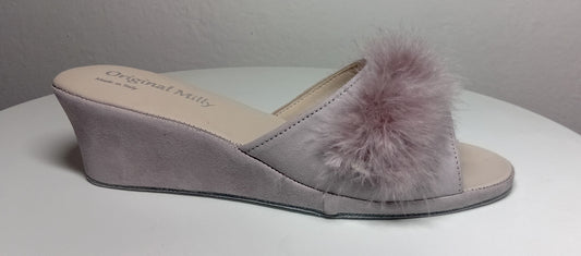 102 Camoscio Peonia  con Piuma Suola Bufalo Ciabatte da camera Donna Original Milly Made in Italy - Foto N 1