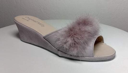 102 Camoscio Peonia  con Piuma Suola Bufalo Ciabatte da camera Donna Original Milly Made in Italy - Foto N 2