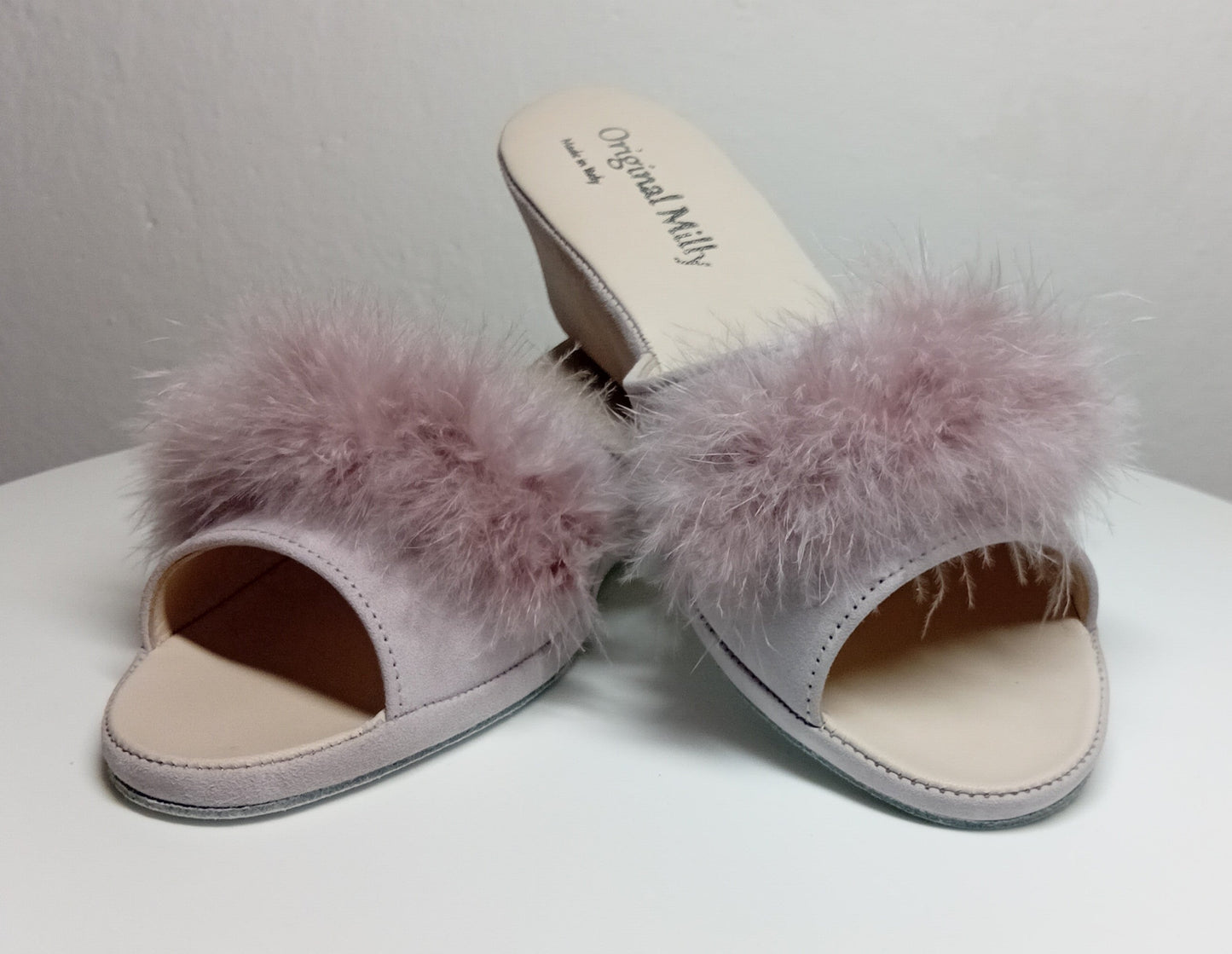 102 Camoscio Peonia  con Piuma Suola Bufalo Ciabatte da camera Donna Original Milly Made in Italy - Foto N 4