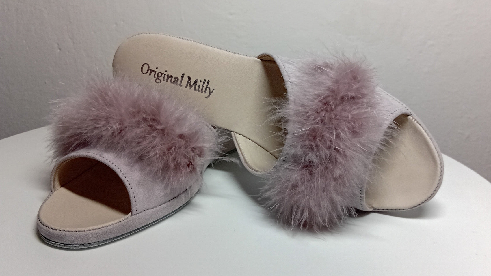 102 Camoscio Peonia  con Piuma Suola Bufalo Ciabatte da camera Donna Original Milly Made in Italy - Foto N 6