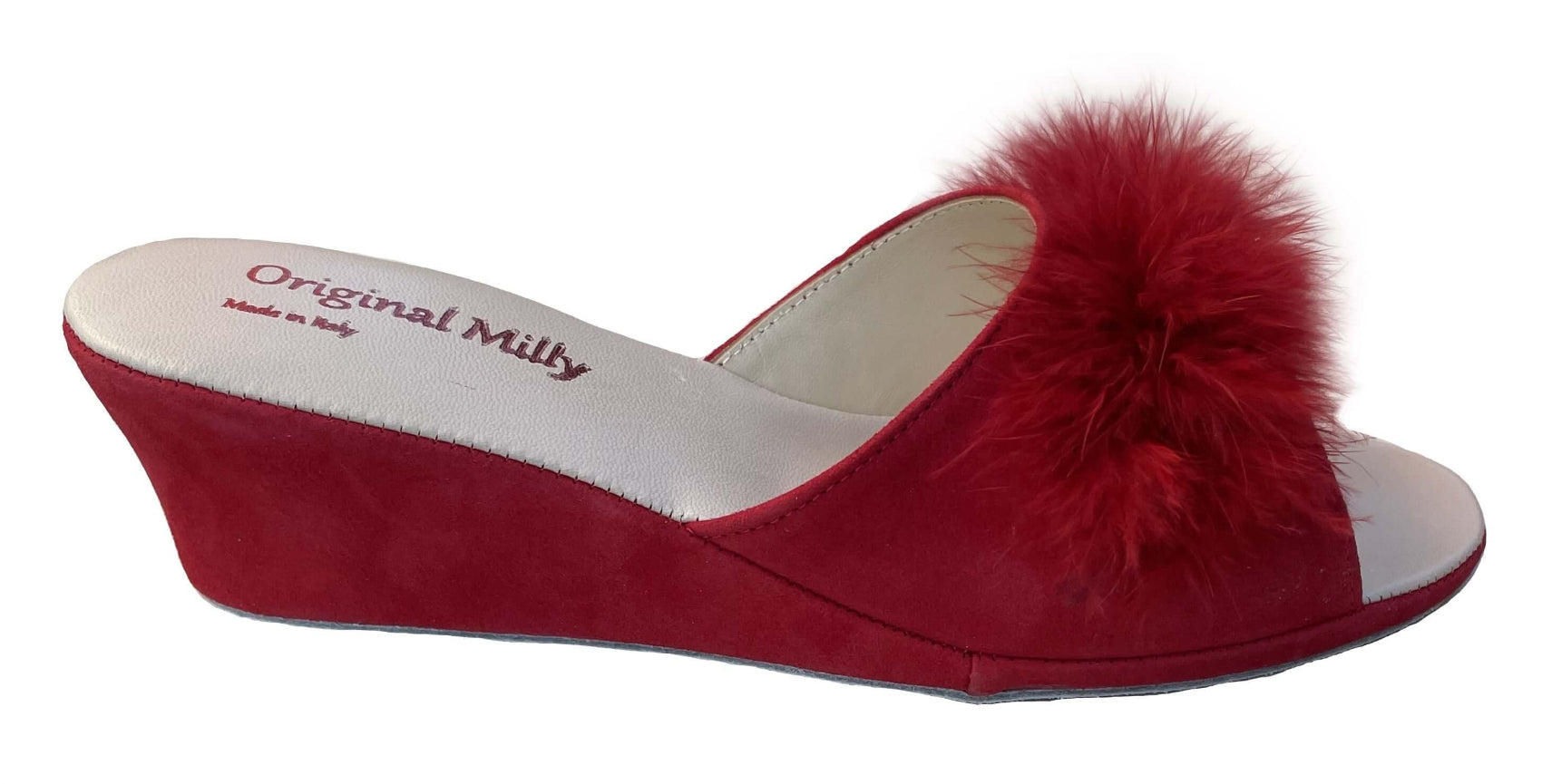 102 Camoscio Rosso con piuma suola Bufalo Ciabatte da camera Donna Original Milly Made in Italy