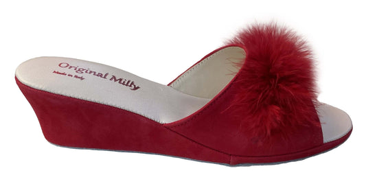 102 Camoscio Rosso con piuma suola Bufalo Ciabatte da camera Donna Original Milly Made in Italy