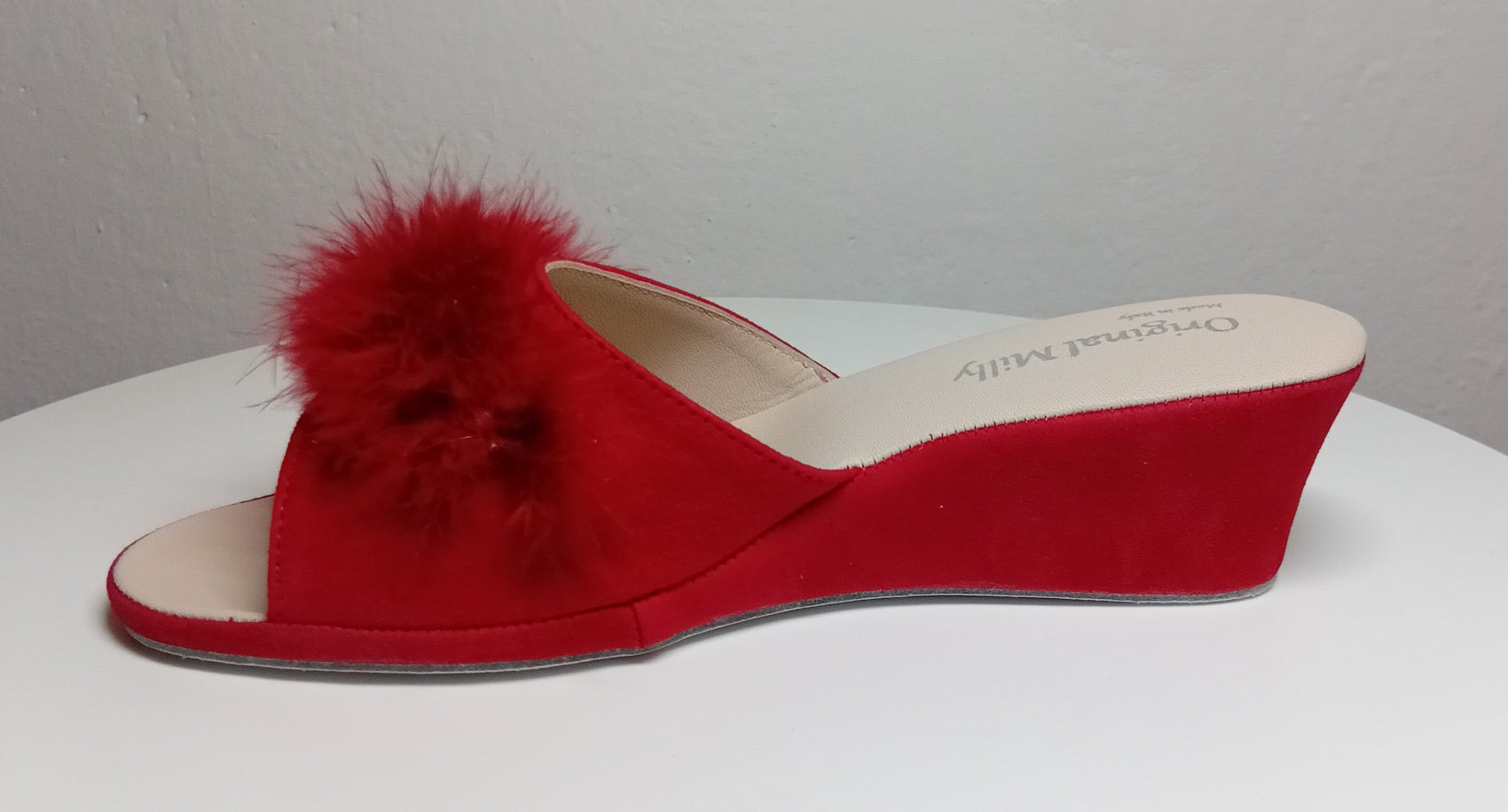 102 Camoscio Rosso con piuma suola Bufalo Ciabatte da camera Donna Original Milly Made in Italy - Foto N 3