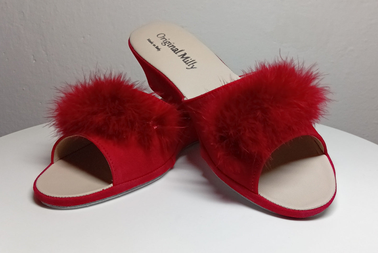 102 Camoscio Rosso con piuma suola Bufalo Ciabatte da camera Donna Original Milly Made in Italy - Foto N 4