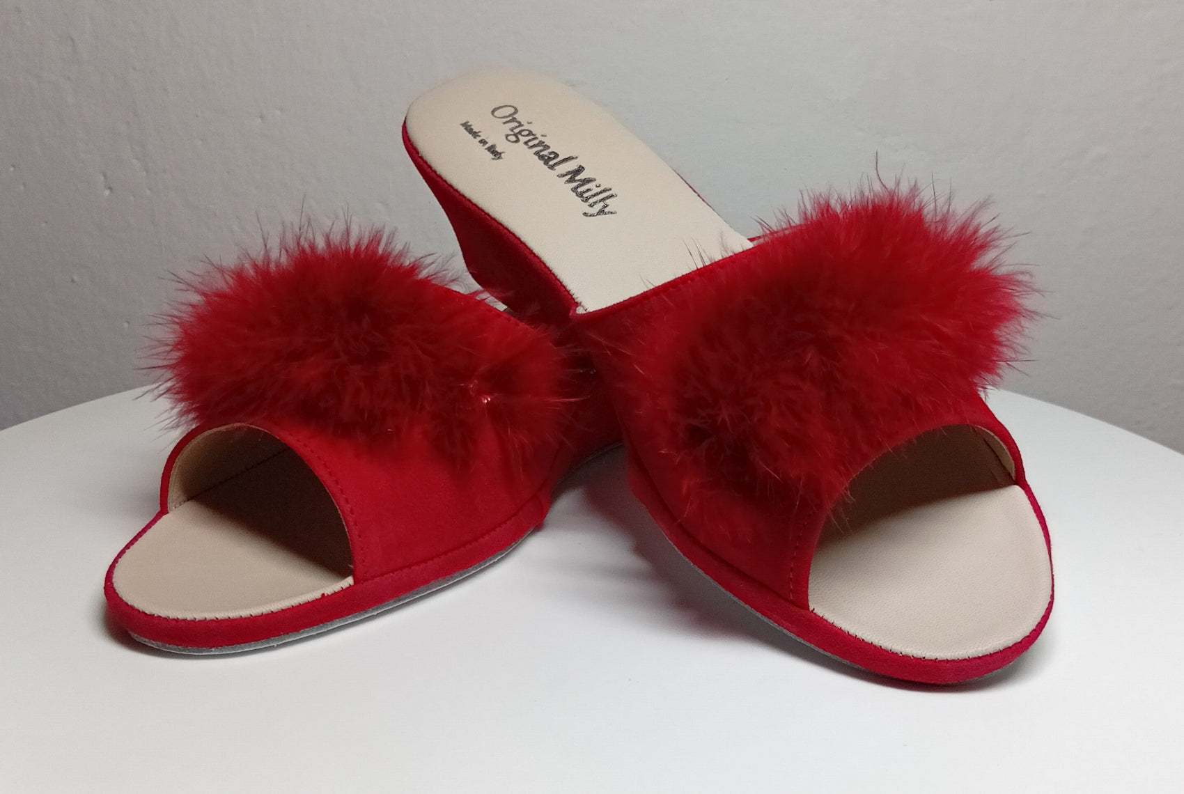 102 Camoscio Rosso con piuma suola Bufalo Ciabatte da camera Donna Original Milly Made in Italy - Foto N 4