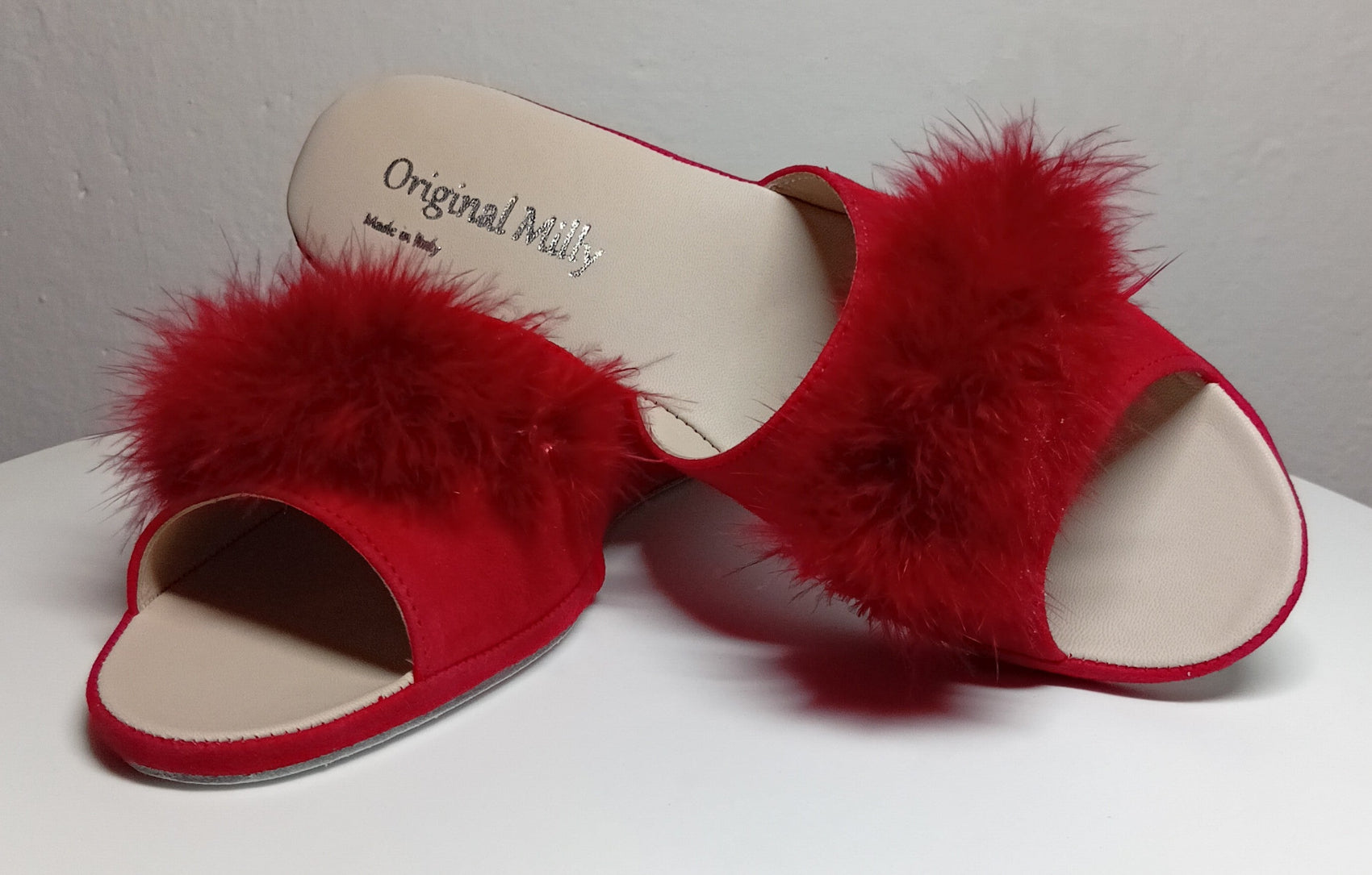 102 Camoscio Rosso con piuma suola Bufalo Ciabatte da camera Donna Original Milly Made in Italy - Foto N 6