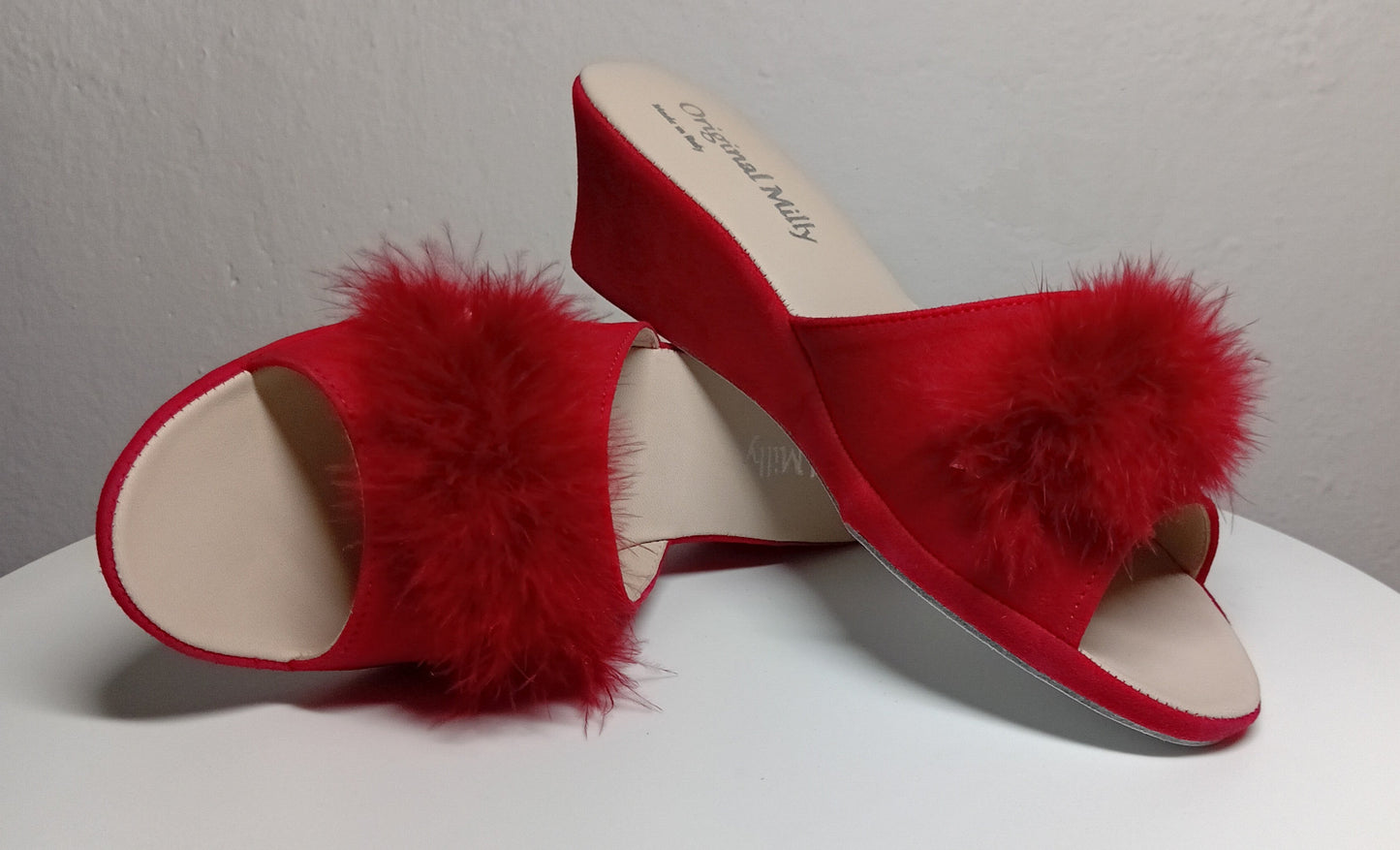 102 Camoscio Rosso con piuma suola Bufalo Ciabatte da camera Donna Original Milly Made in Italy - Foto N 7