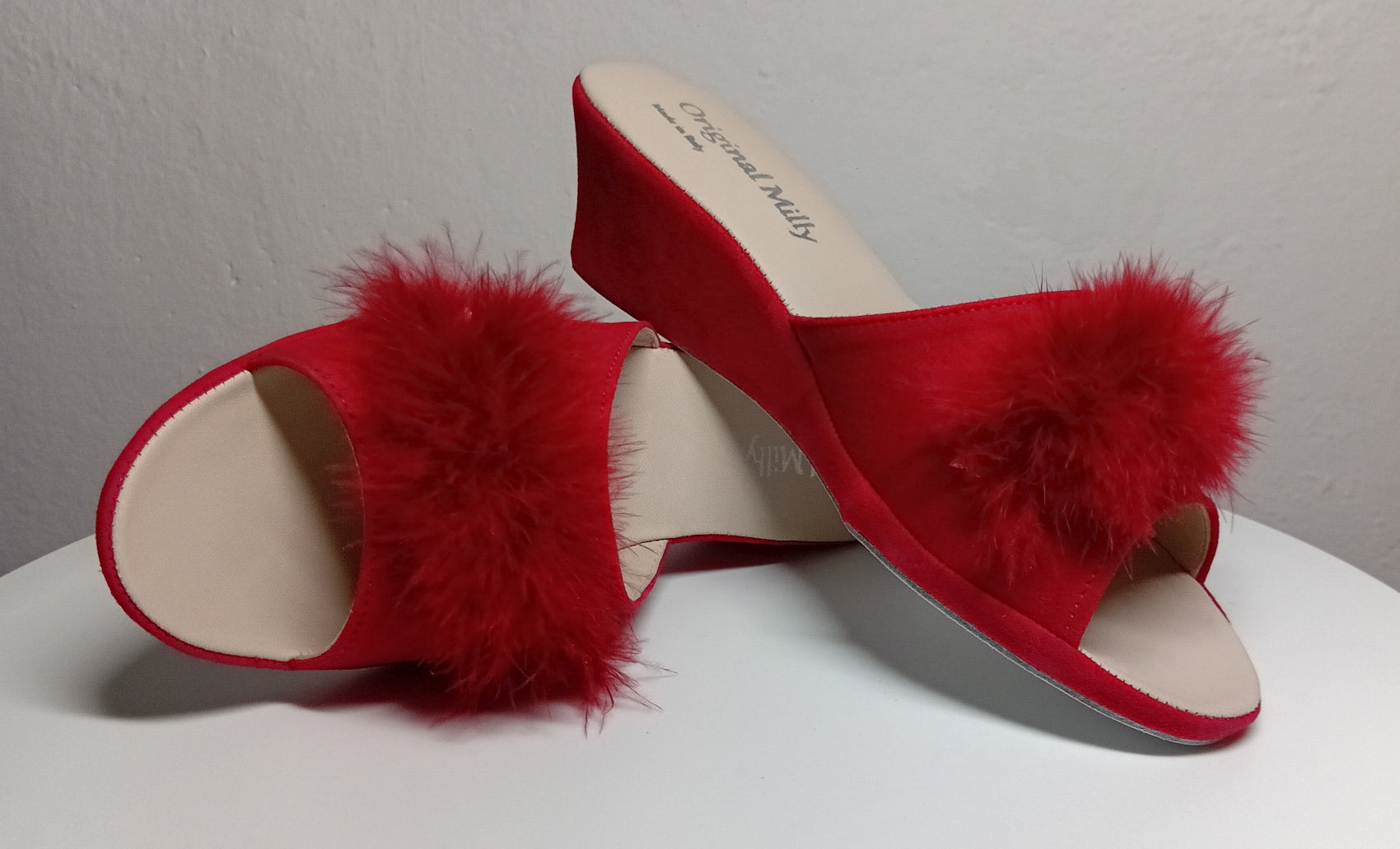 102 Camoscio Rosso con piuma suola Bufalo Ciabatte da camera Donna Original Milly Made in Italy - Foto N 7