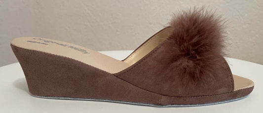 102 Camoscio Taupe con piuma suola Bufalo Ciabatte da camera Donna Original Milly Made in Italy