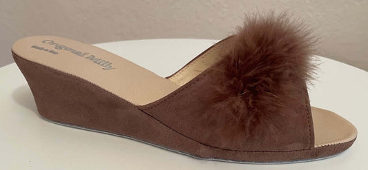 102 Camoscio Taupe con piuma suola Bufalo Ciabatte da camera Donna Original Milly Made in Italy