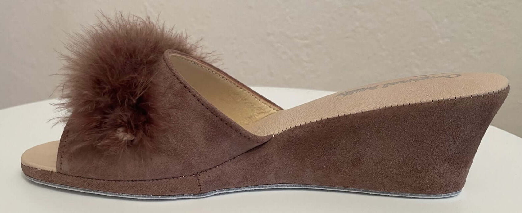 102 Camoscio Taupe con piuma suola Bufalo Ciabatte da camera Donna Original Milly Made in Italy