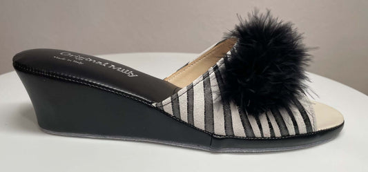 102 Camoscio Zebrato Nero con piuma suola Bufalo Ciabatte da camera Donna Original Milly Made in Italy