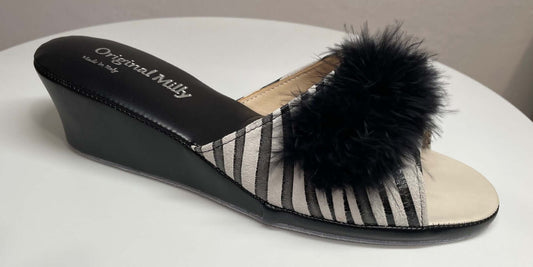 102 Camoscio Zebrato Nero con piuma suola Bufalo Ciabatte da camera Donna Original Milly Made in Italy