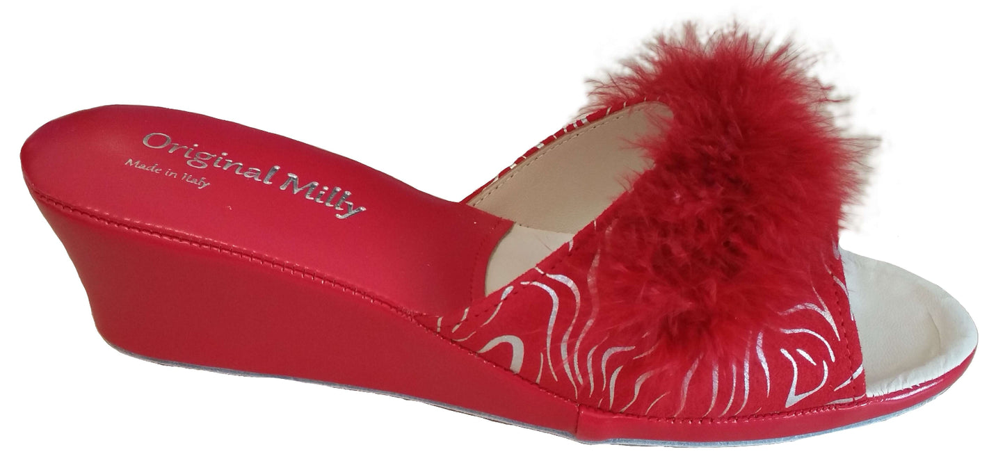 102 Camoscio Zebrato Rosso con piuma suola Bufalo Ciabatte da camera Donna Original Milly Made in Italy