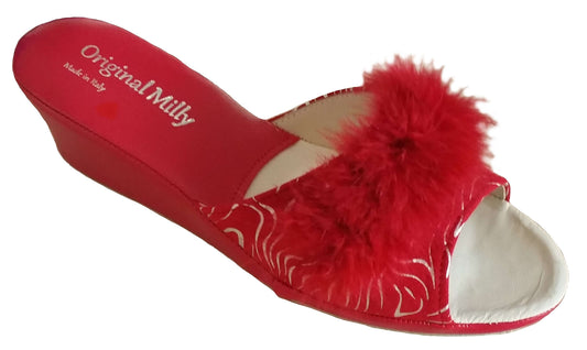 102 Camoscio Zebrato Rosso con piuma suola Bufalo Ciabatte da camera Donna Original Milly Made in Italy